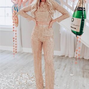 Whiskey Darling Dripping in Gold Fringe Crop Top & Bellbottom Pants Set